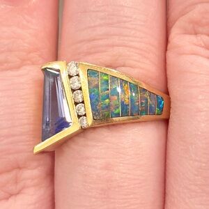 Vintage 14K Kabana Ring Tanzanite Diamond Colorful Opal Inlay Size 6.75 1990s